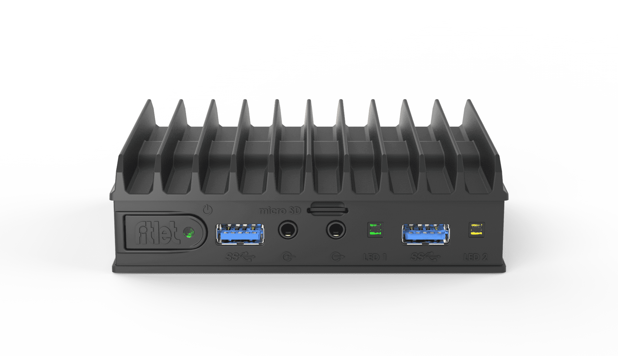 Compulab Fitlet2 front panel with two USB 3.0 ports, audio jacks and microSD slot