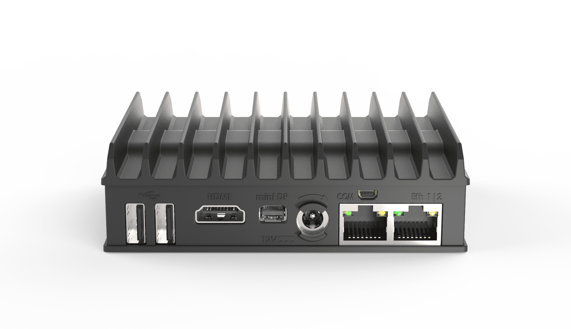 Compulab Fitlet2 rear panel with USB 2.0, HDMI, mini DisplayPort, power input, COM port and two Ethernet ports