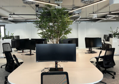 Open-plan workstations with curved Lenovo monitors in a Barcelona office