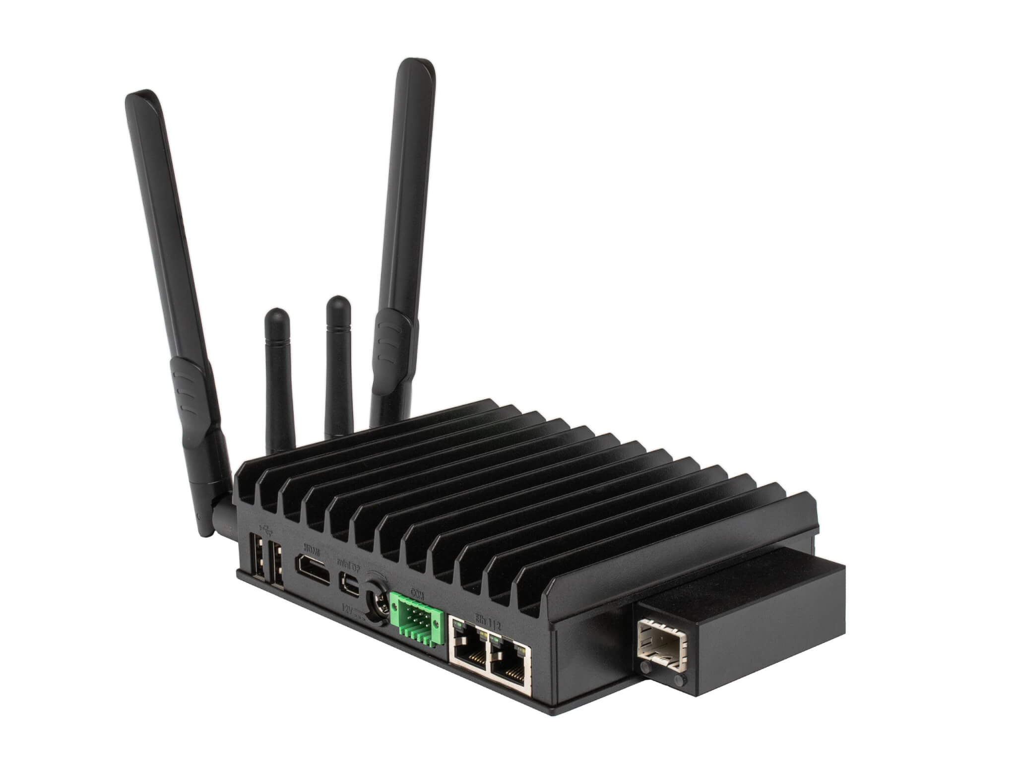 Compulab Fitlet3 rear panel with HDMI, mini DisplayPort, two Ethernet ports and SFP module