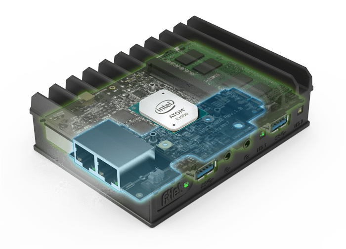 Compulab Fitlet2 with Intel Atom processor and a FACET extension card with two Ethernet ports