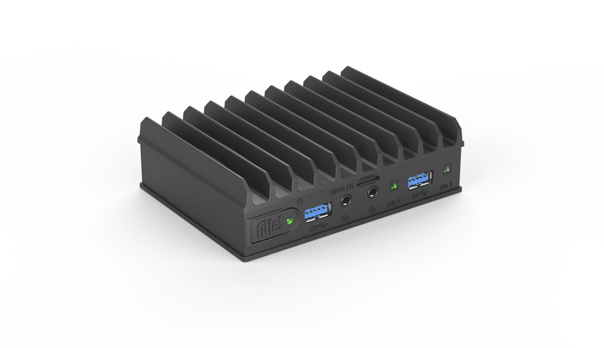 Compulab Fitlet2 fanless industrial mini PC, front view with USB 3.0 ports and cooling fins